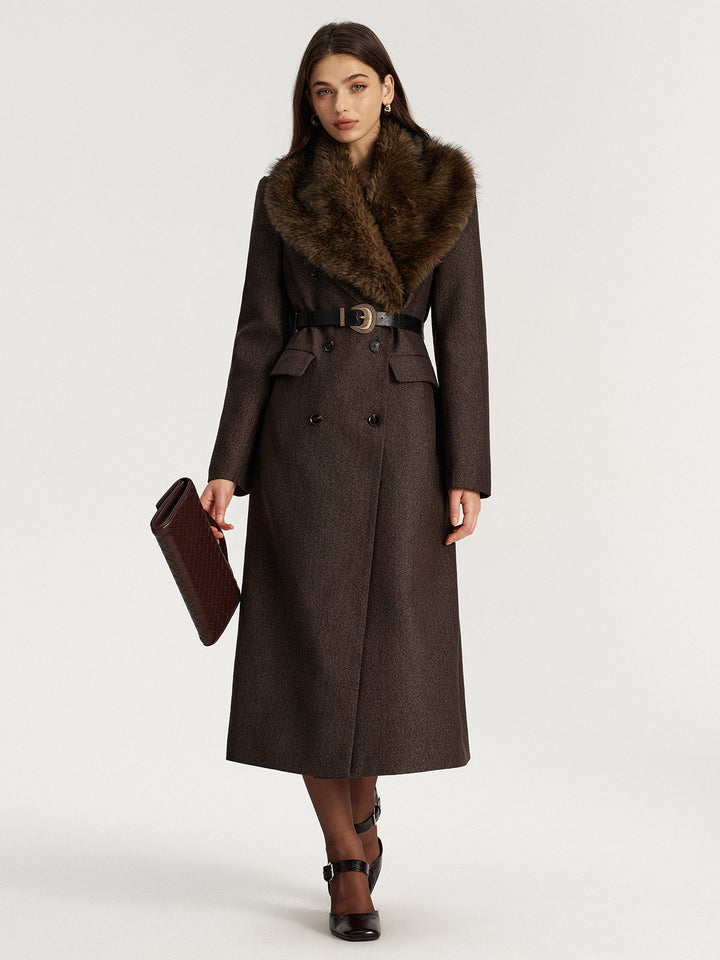 Faux Fur Collar Long Coat without Belt