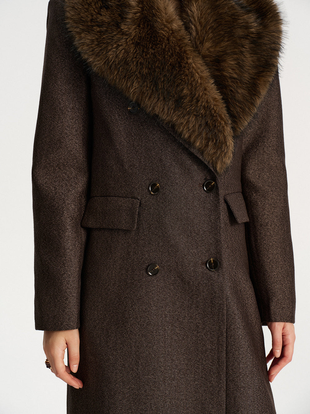 Faux Fur Collar Long Coat without Belt — women's wool coats, back view