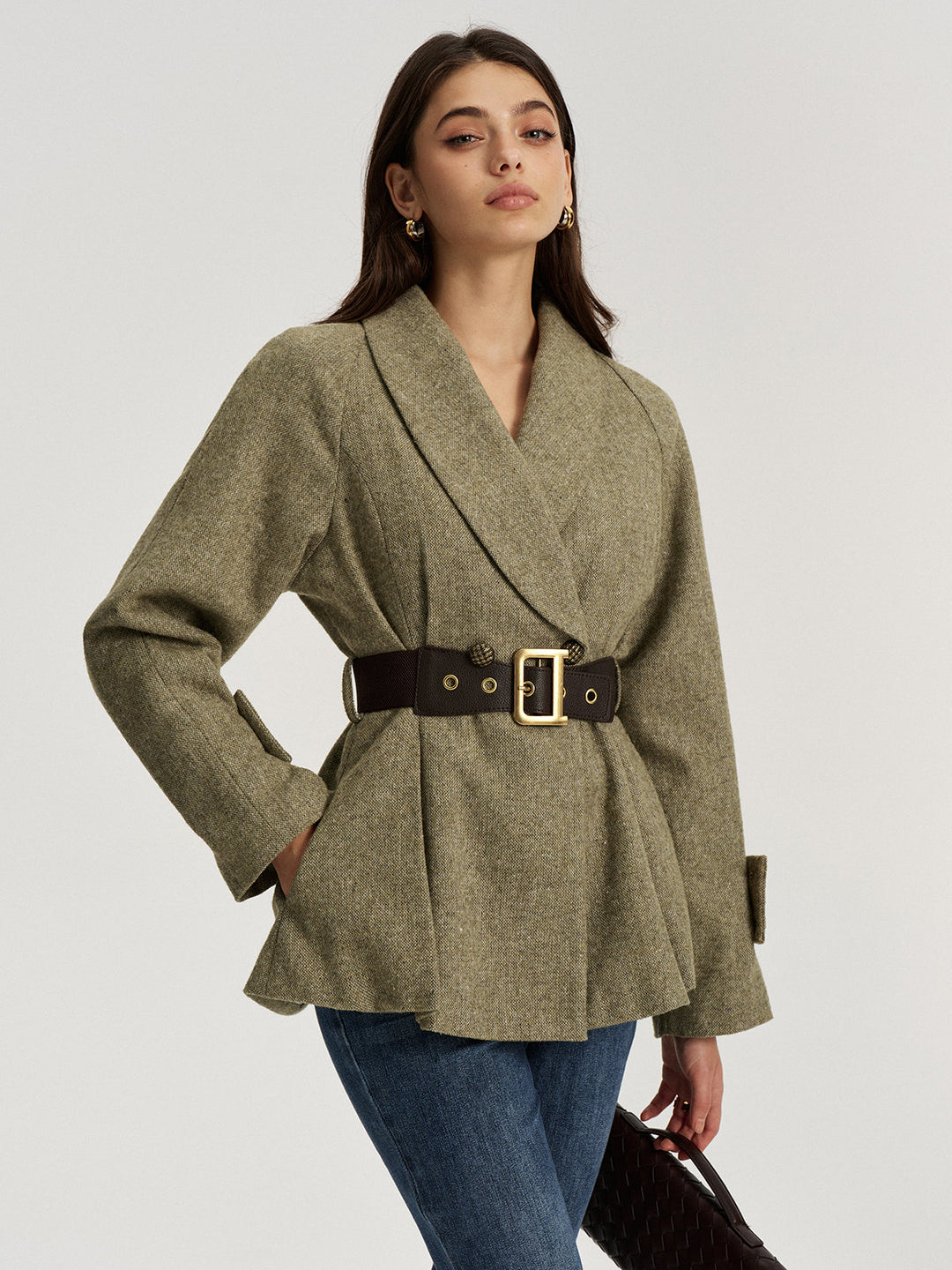 Shawl Collar Wool-Blend Belted Blazer