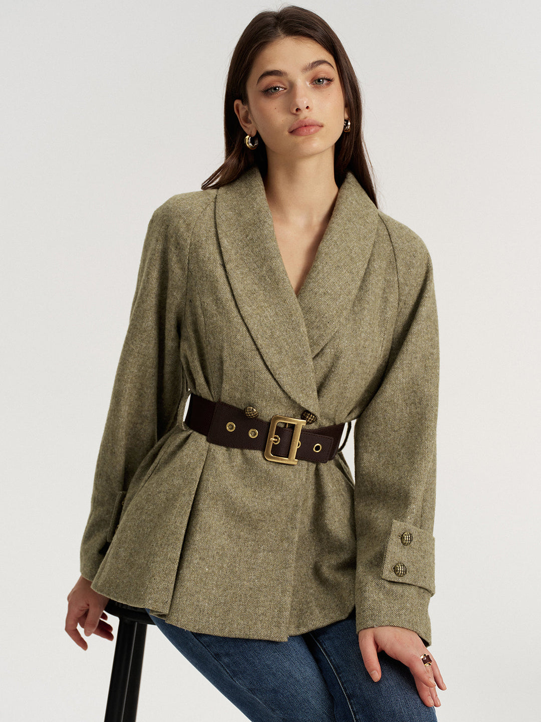 Shawl Collar Wool-Blend Belted Blazer — women's blazers, front view