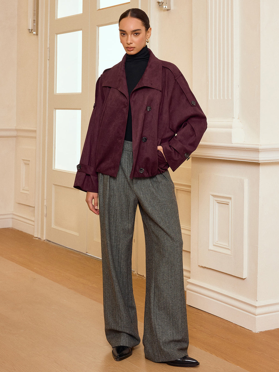 Suede Effect Cropped Trench Jacket