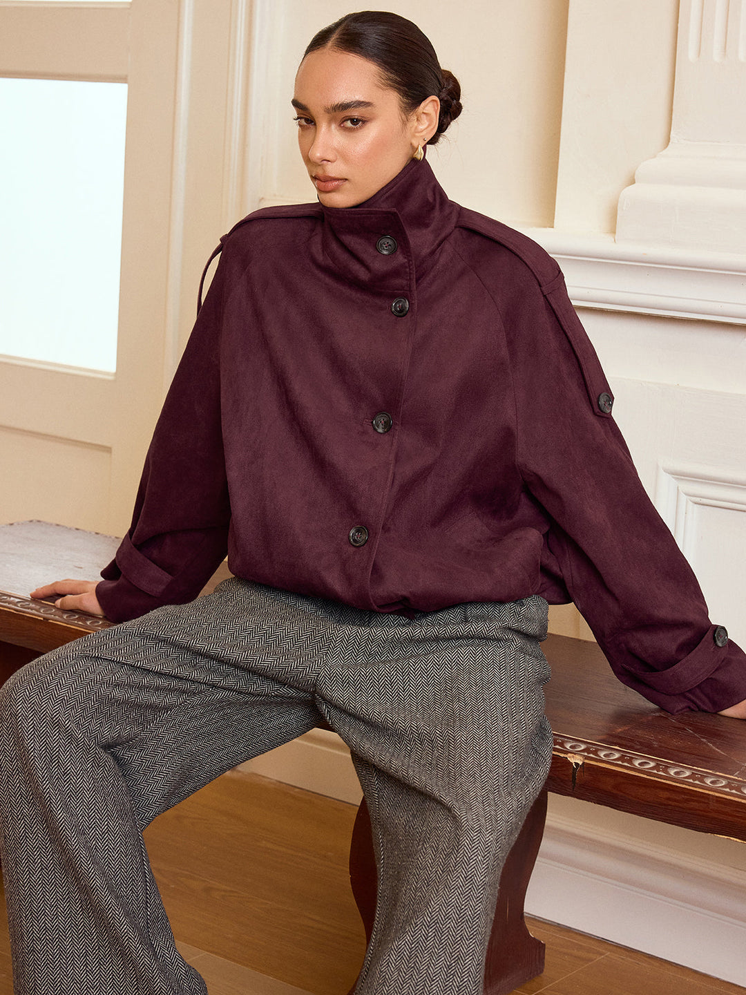 Suede Effect Cropped Trench Jacket