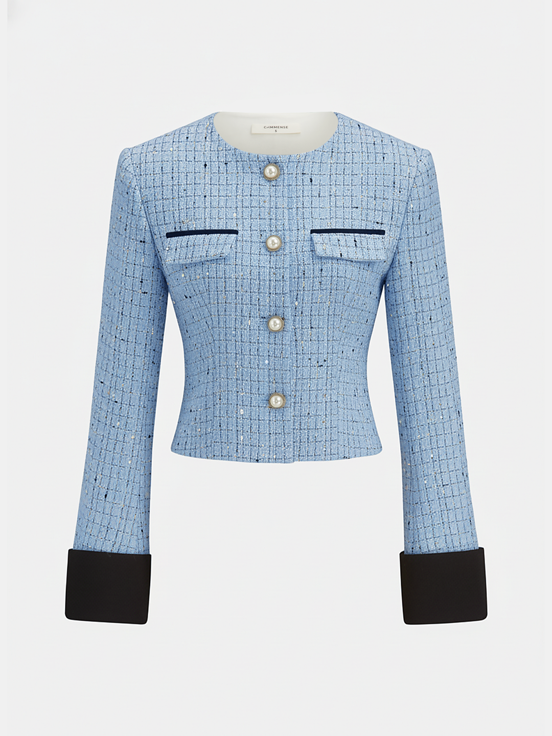 Light blue tweed cropped jacket with pearl buttons and black contrast cuffs