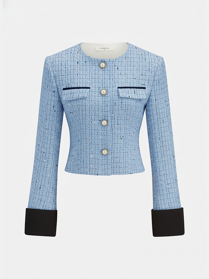 Light blue tweed cropped jacket with pearl buttons and black contrast cuffs