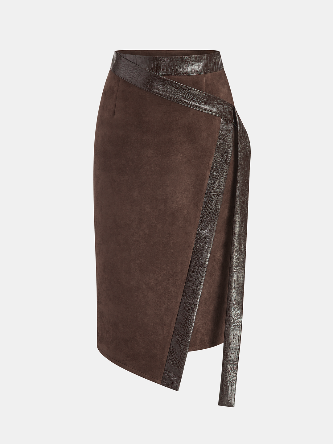 Crocodile PU Leather Panel Suede Effect Midi Skirt — women's skirts, front view