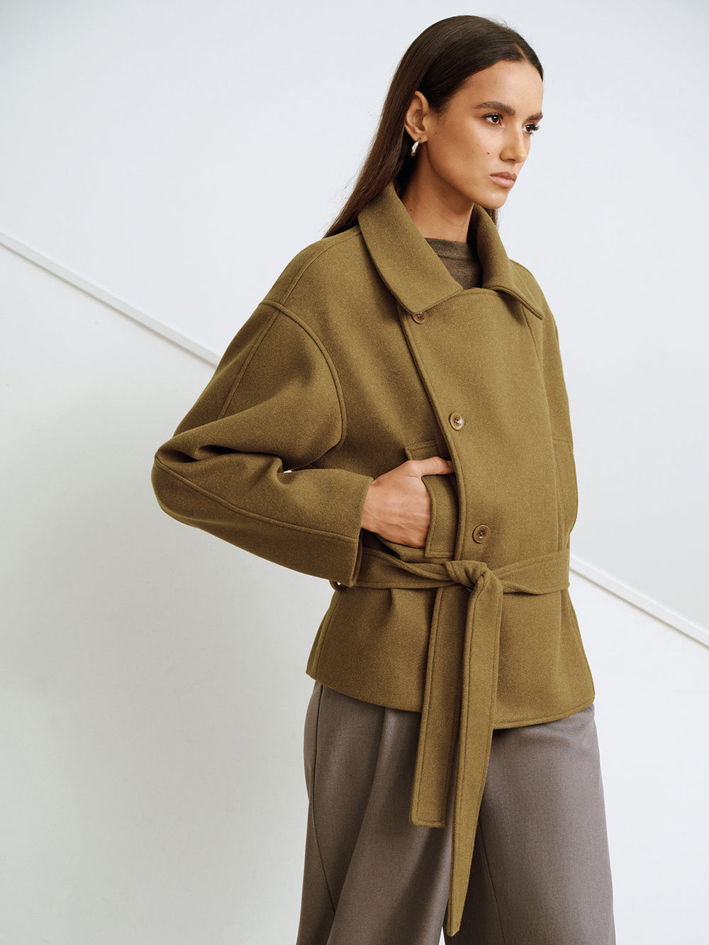 Belted Faux Cashmere Collared Coat — women's wool coats, back view