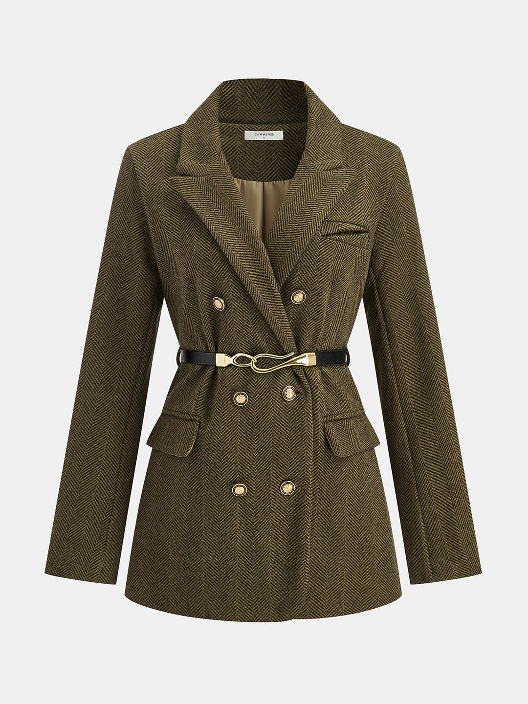 Belted Herringbone Double-Breasted Blazer — women's blazers, front view