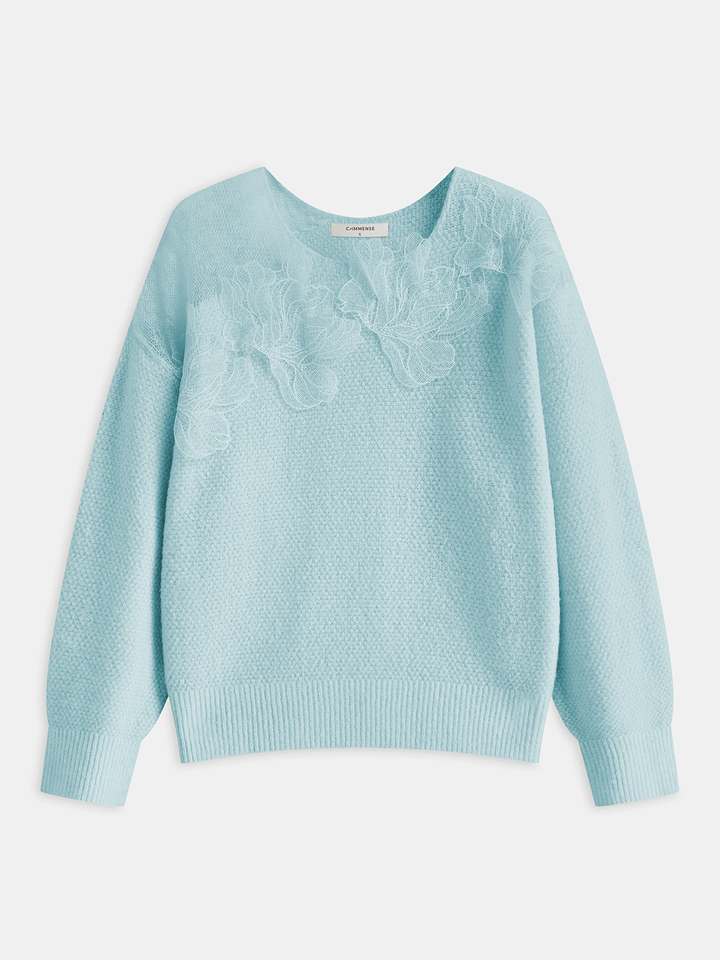 Floral lace Sweater Semi Sheer Round Neck Sweater