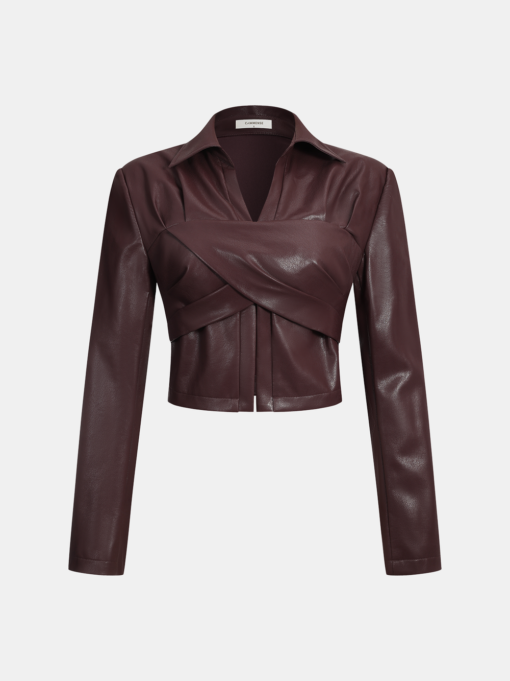 Collared Faux Leather Cropped Cross-Front Top — women's blazers, back view