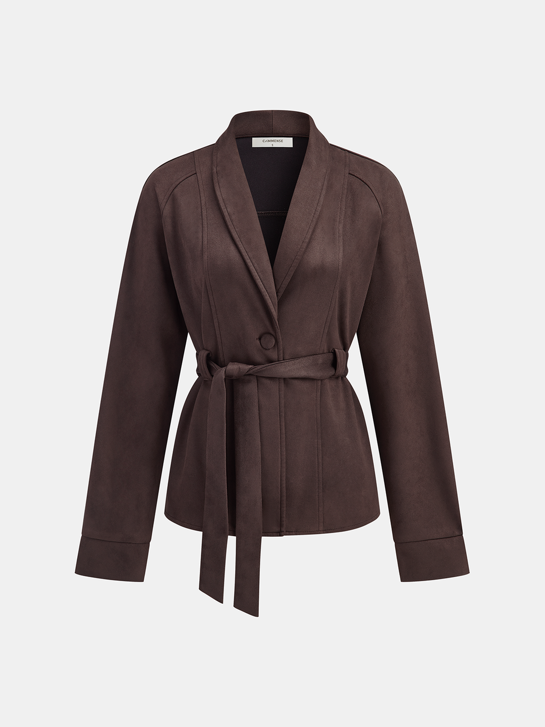 Side angle of the brown shawl collar wrap jacket with blouson sleeves and ribbed cuffs