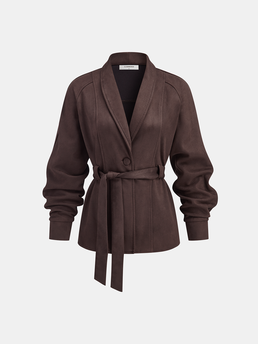 Brown suede effect jacket with shawl collar and tie belt, front product shot
