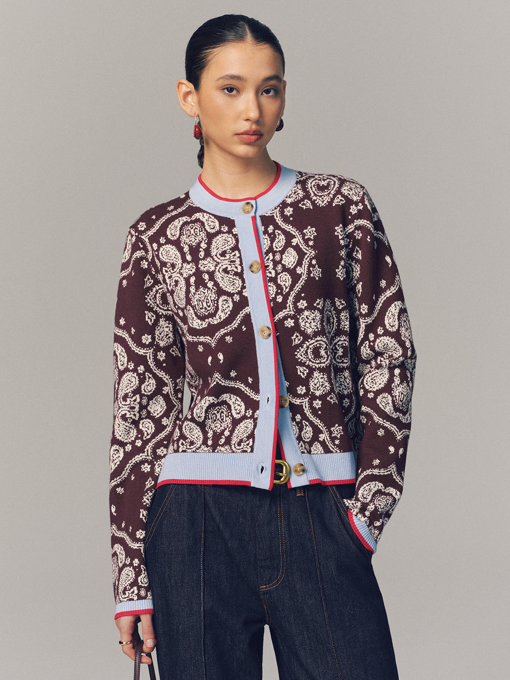 Contrast Trim Paisley Knit Cardigan — women's cardigans, back view