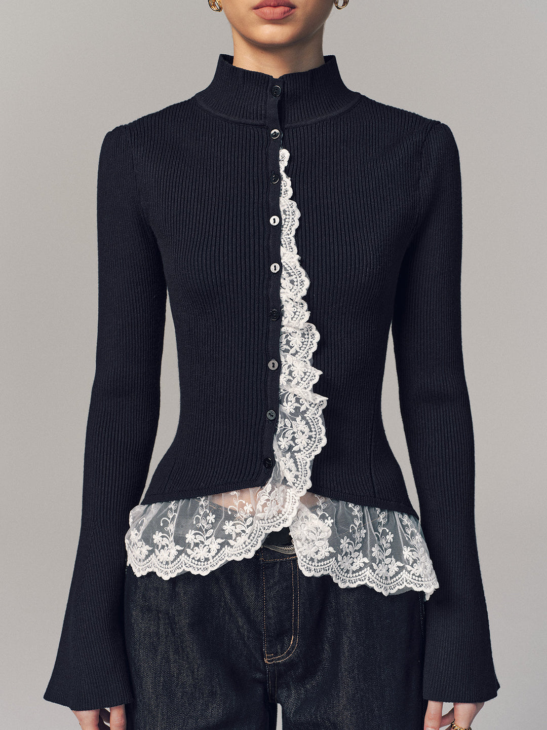 Ribbed Mock Neck Lace Trim Cardigan - women's cardigan, full-length styled look