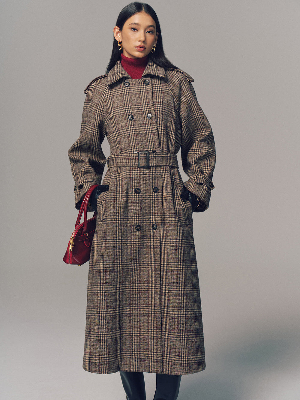 Belted Plaid Double-Breasted Long Trench Coat — women's trench coats, back view