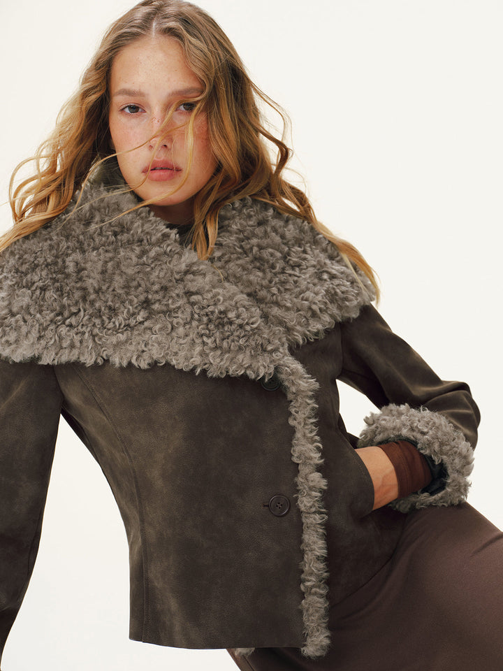 Brown suede effect short jacket with oversized grey shearling collar, close front view