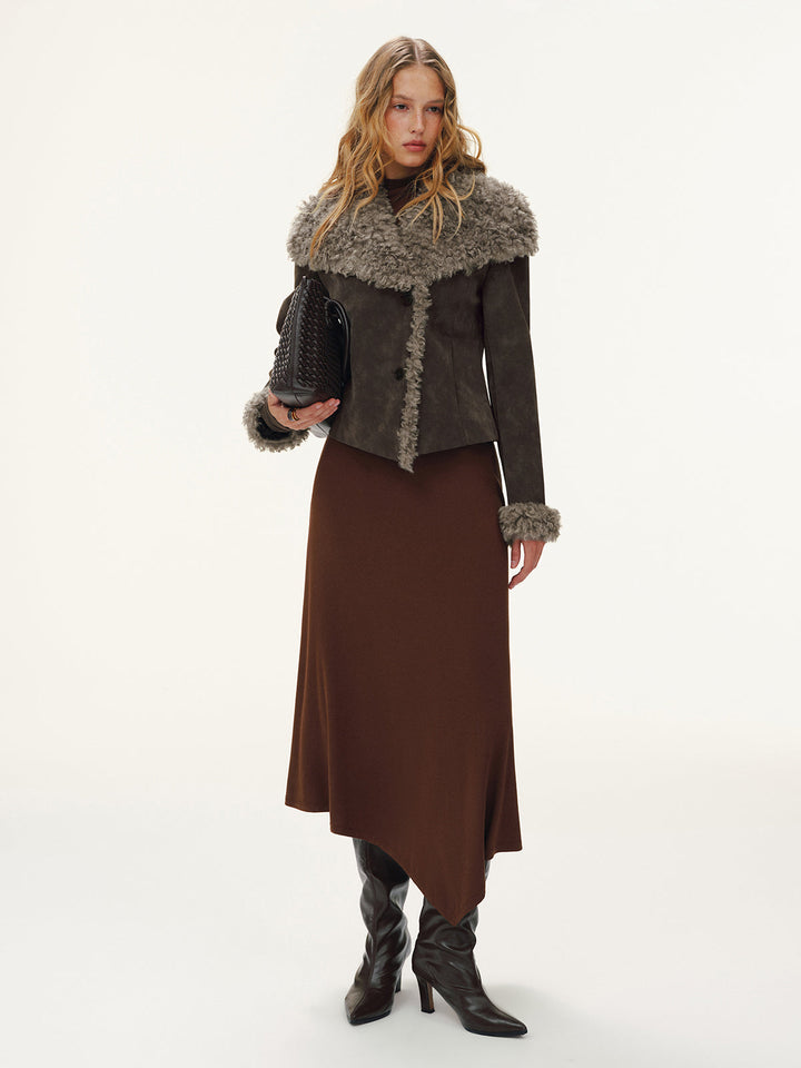Full-length styling: brown shearling collar jacket with chocolate satin midi skirt and knee boots