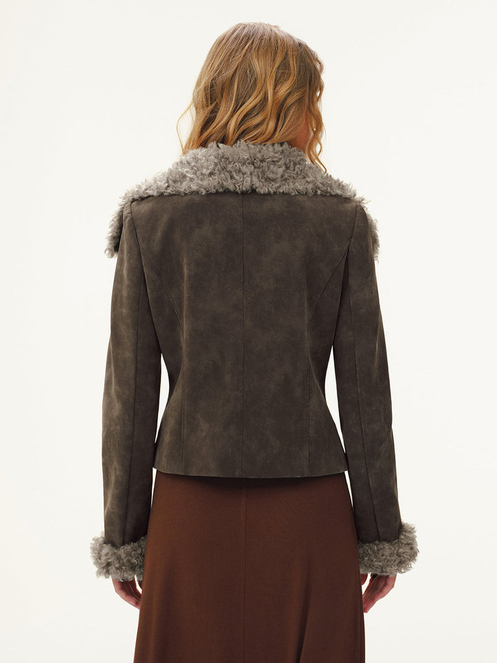 Back view of the short brown suede jacket with grey shearling collar and fur-trimmed sleeves