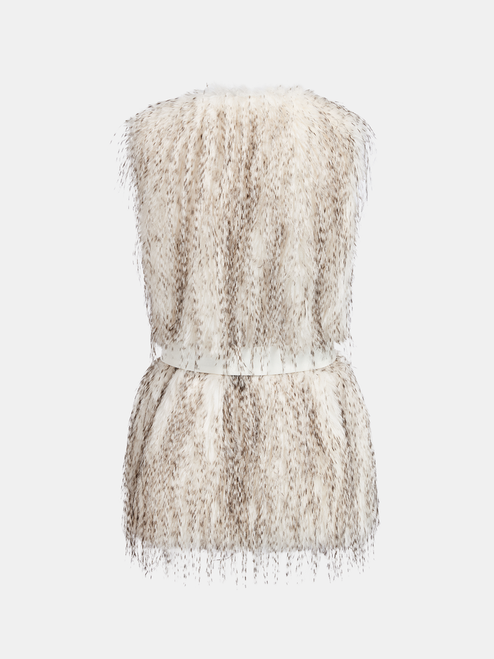 Back view of the cream faux fur gilet showing the tie belt across the waist