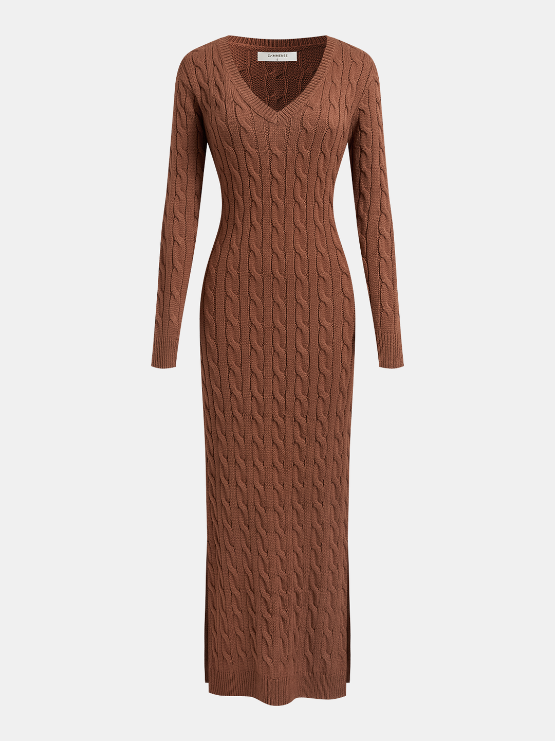 Cable-Knit V-Neck Maxi Sweater Dress — women's sweater dresses, front view