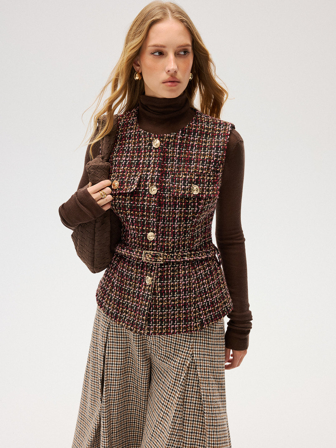 Belted Tweed Sleeveless Vest — women's vests, front view
