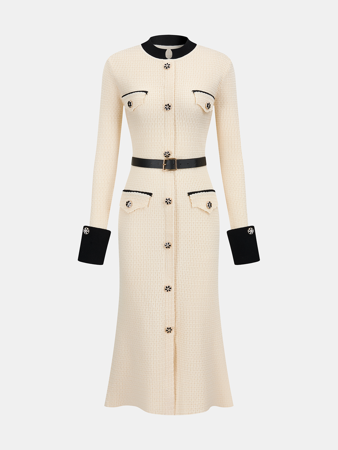 Contrast-Trim Button-Front Midi Dress with Belt — women's sweater dresses, front view