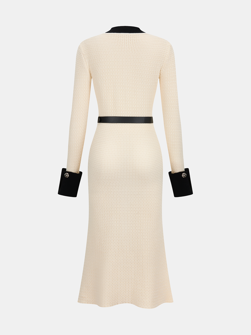 Contrast-Trim Button-Front Midi Dress with Belt — women's sweater dresses, back view
