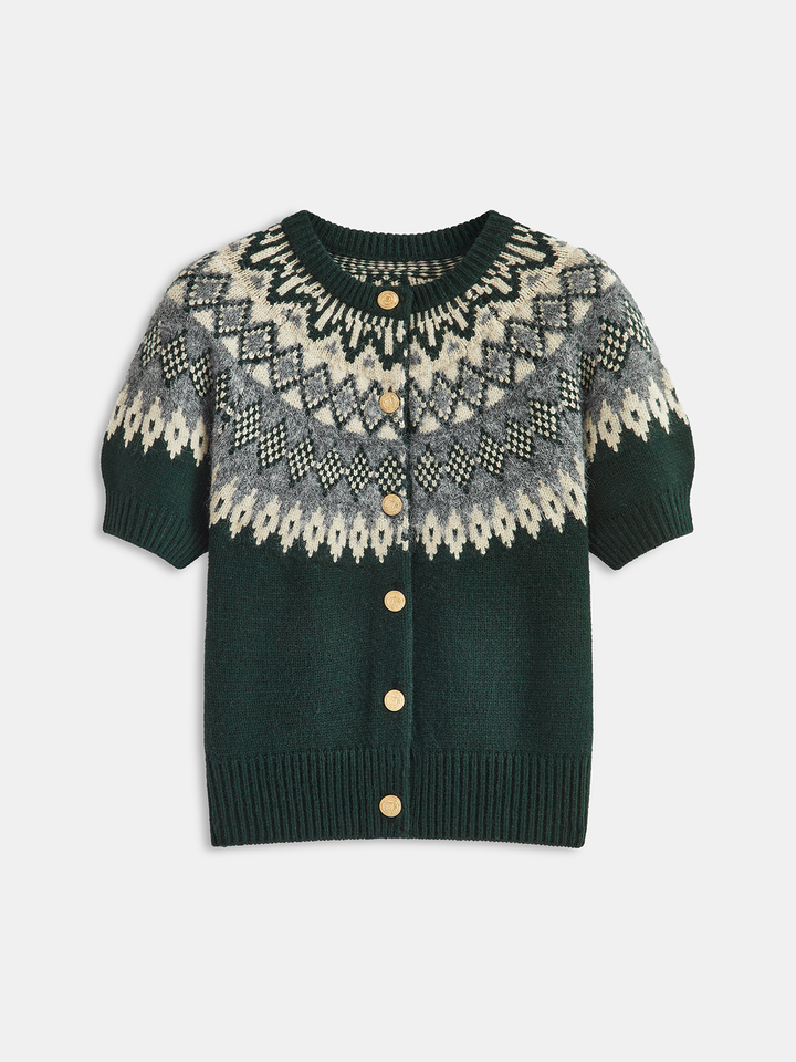 Cashmere-Blend Fair Isle Short-Sleeve Cardigan - women's cardigan, back view