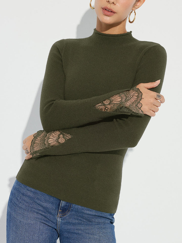 Mock Neck Lace Cuff Knit Top - women's knit top, model wearing it, three-quarter view
