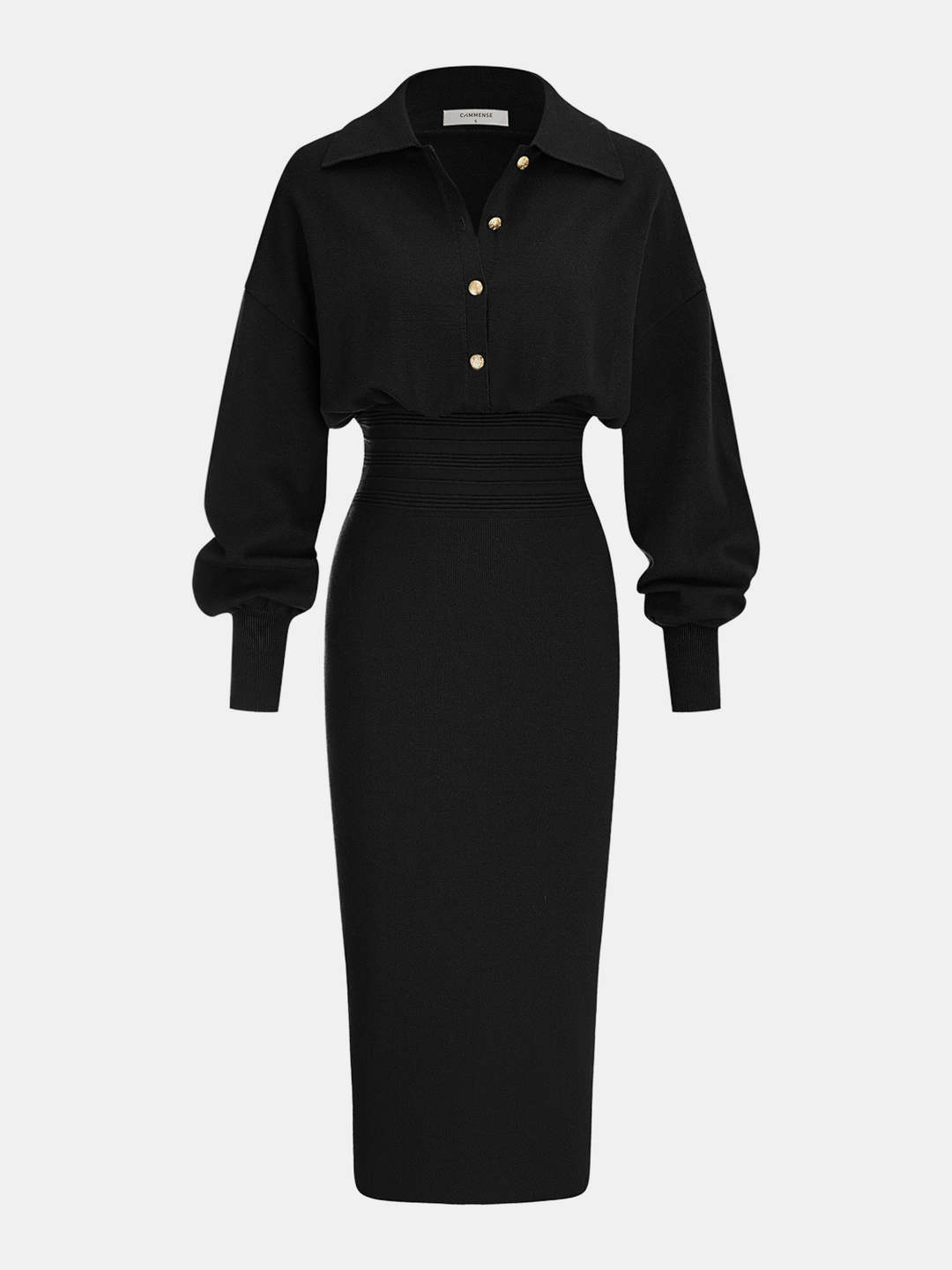 Cinched Waist Knit Shirt Dress - women's sweater dress, model wearing it, three-quarter view