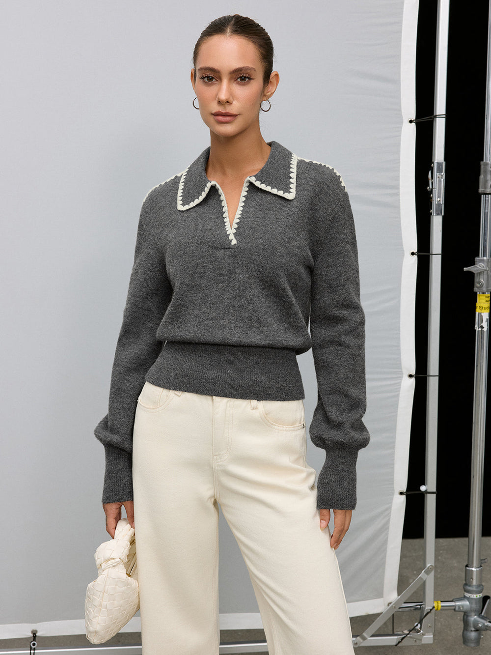 Contrast Embroidered Trim Polo Sweater — women's knit tops, back view