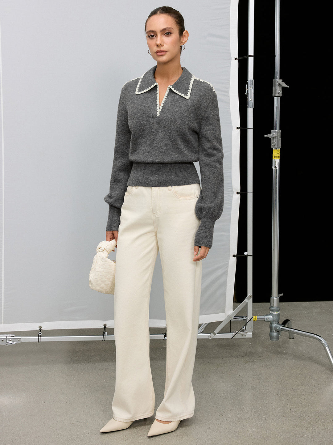 Contrast Embroidered Trim Polo Sweater