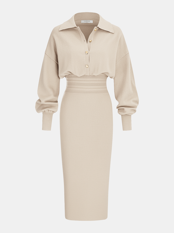Cinched Waist Knit Shirt Dress - women's knit dress, neckline detail