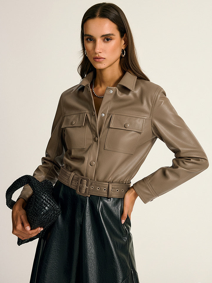 Lighter taupe colourway of the belted leather look cargo shirt jacket, front view