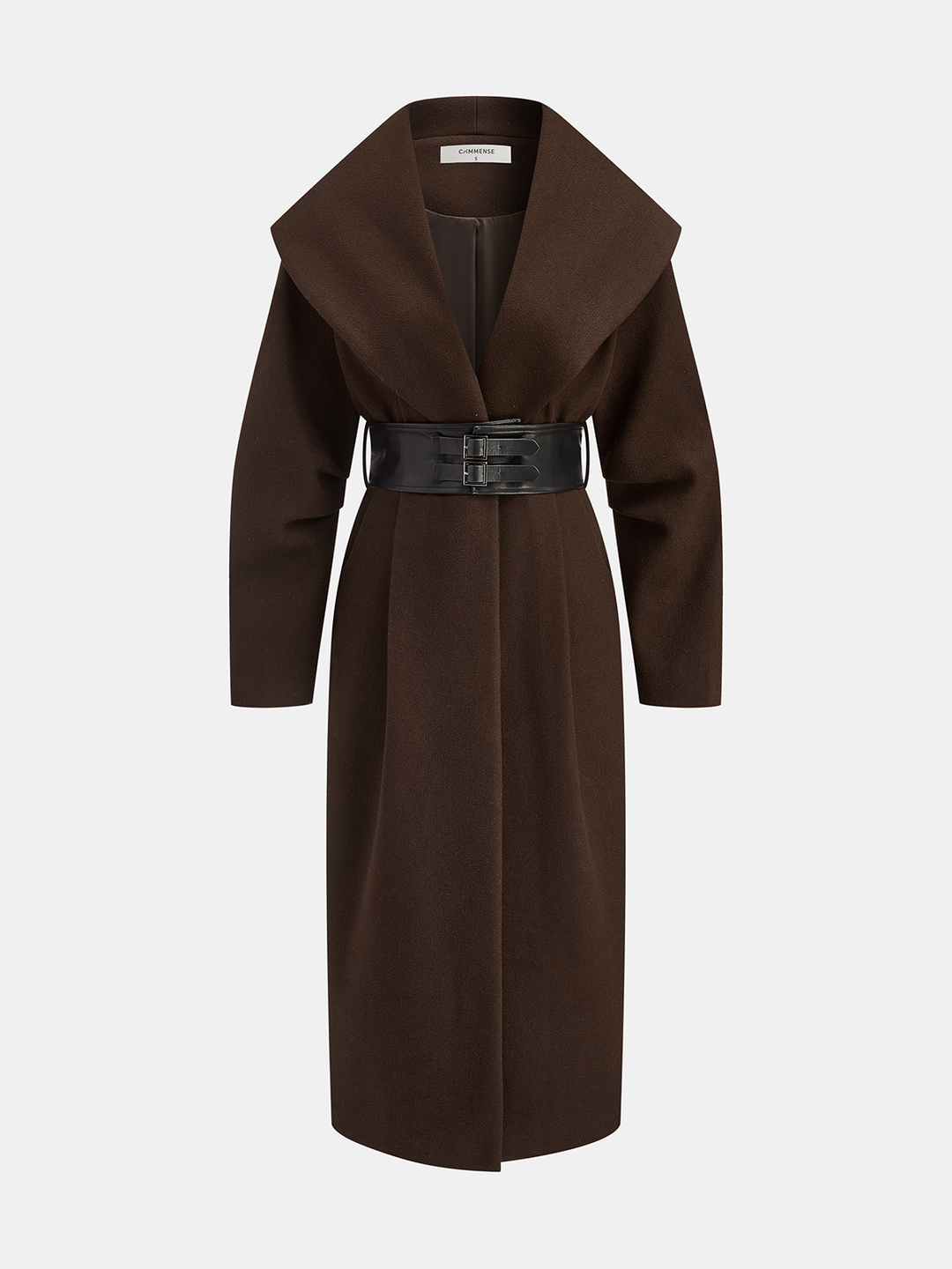 Oversized Collar Tweed Long Coat with Wide Belt - women's wool-blend coat, side view
