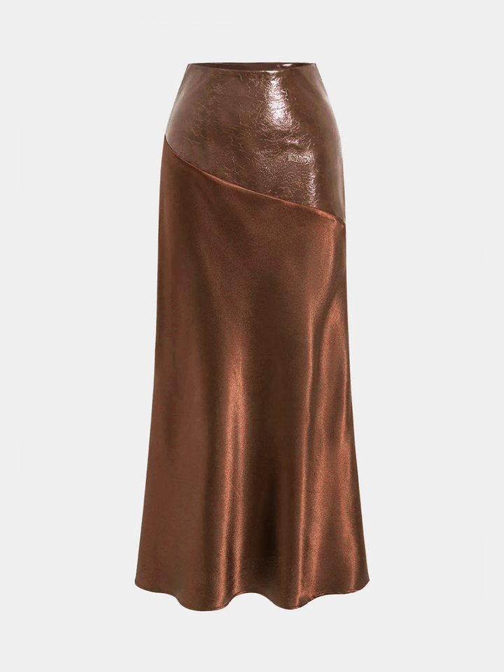 Faux Leather Panel Asymmetric Satin Maxi Skirt