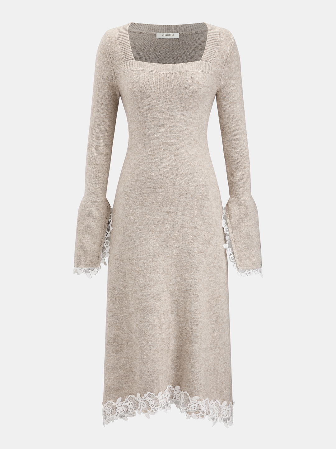 Wool-Blend Lace-Trim Square-Neck Dress — women's sweater dresses, front view