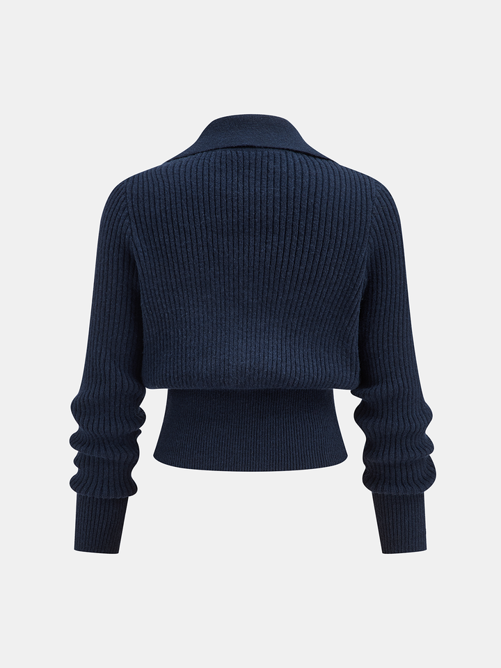 Collared Metal Buckle Ribbed Cropped Sweater - women's sweater, back view