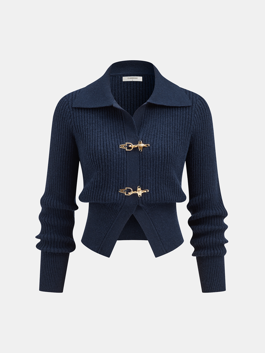 Collared Metal Buckle Ribbed Cropped Sweater — women's knit tops, front view