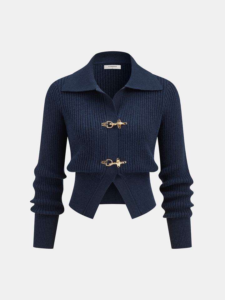 Collared Metal Buckle Ribbed Cropped Sweater - women's sweater, front view