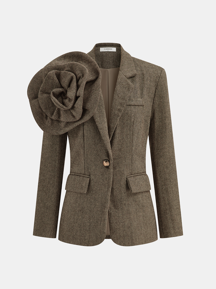 Large 3D Flower Single Button Tweed Blazer