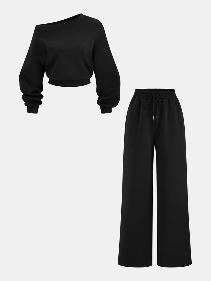 Off-Shoulder Sweatshirt & Drawstring Pants Set - women's two-piece trouser set, front view