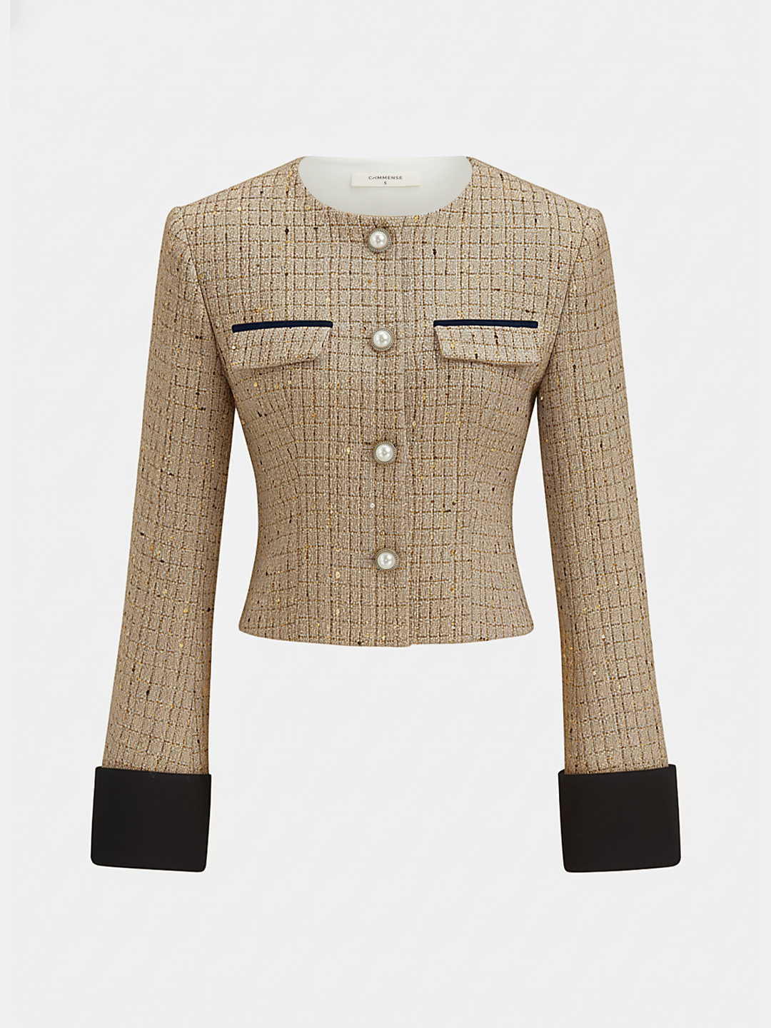 Khaki tweed jacket with pearl buttons and black cuffs, collarless cropped silhouette