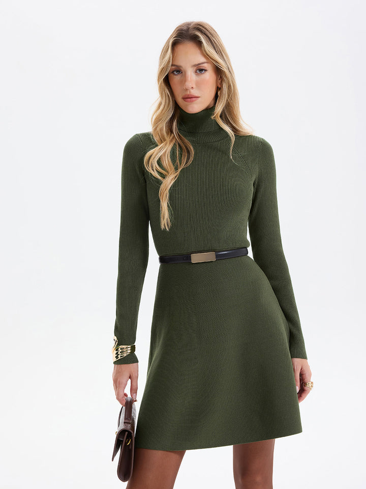 Belted Ribbed Turtleneck Knit Mini Dress - women's knit dress, front view