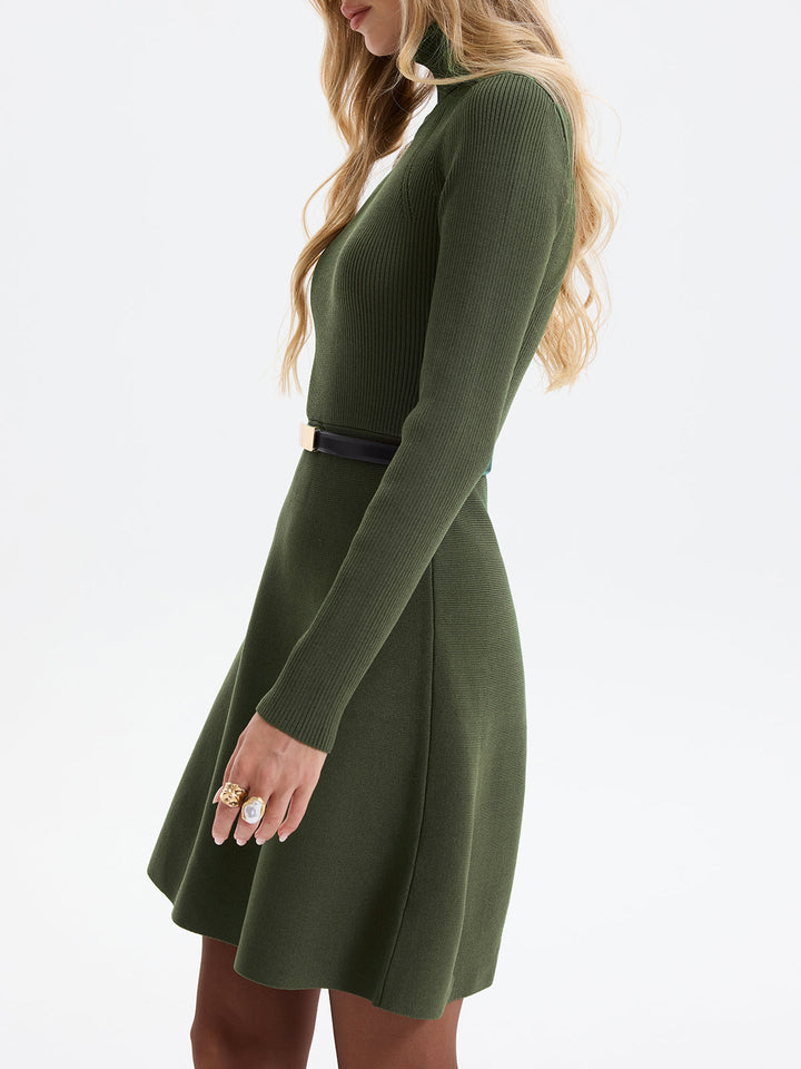 Belted Ribbed Turtleneck Knit Mini Dress - women's knit dress, side view