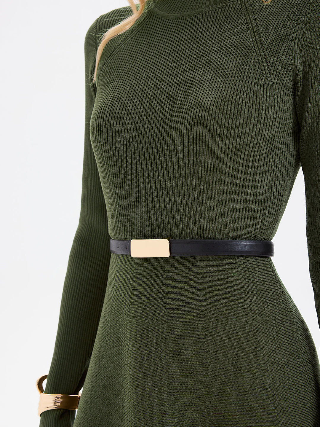 Belted Ribbed Turtleneck Knit Mini Dress - women's knit dress, detail close-up