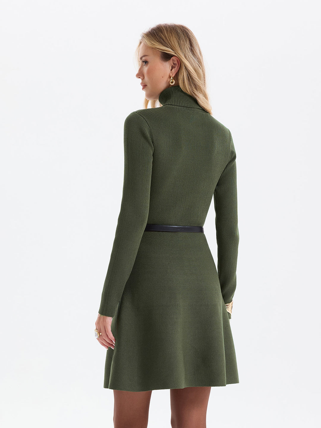 Belted Ribbed Turtleneck Knit Mini Dress - women's knit dress, fabric detail