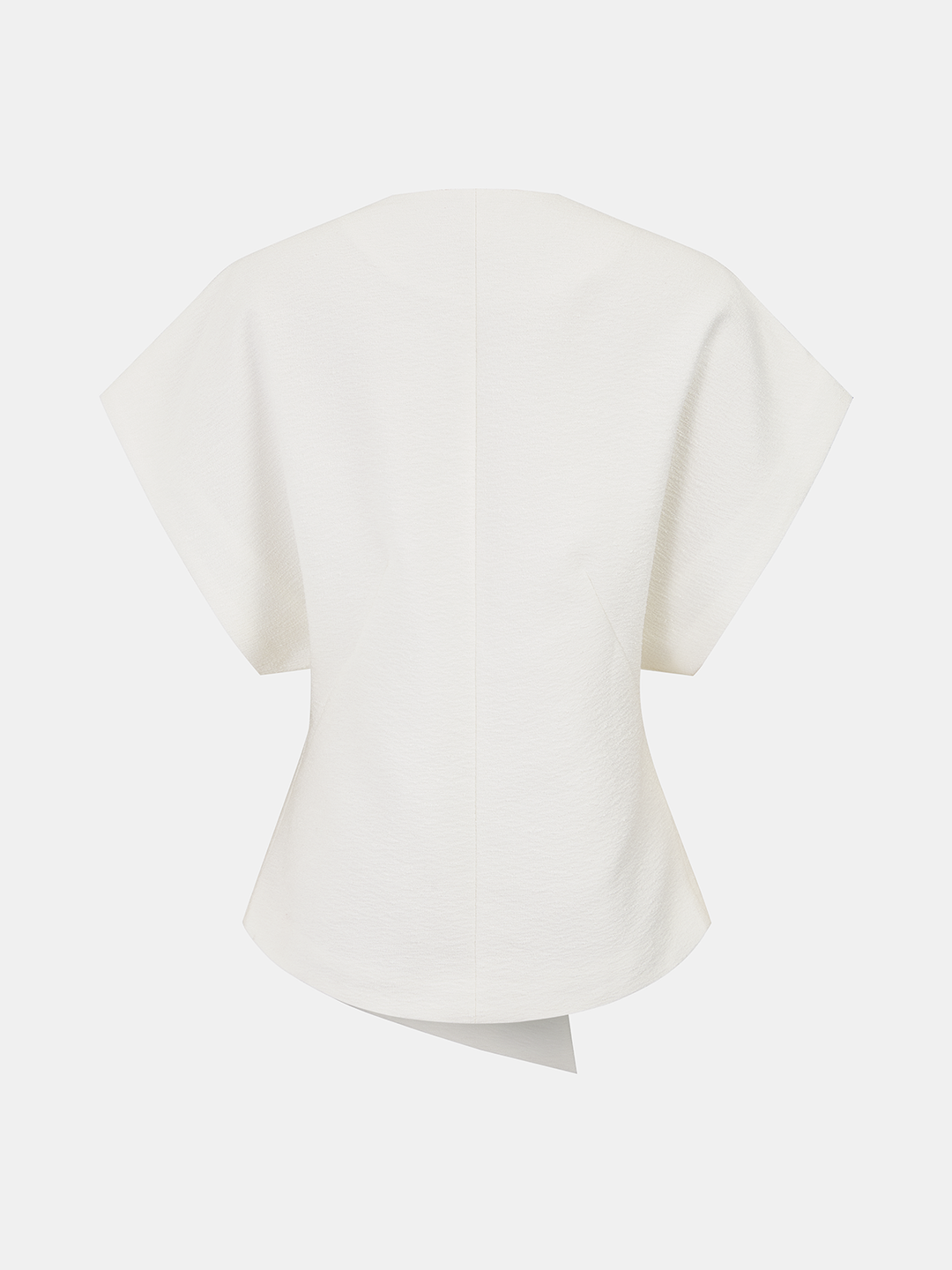 Back view of the ivory textured short sleeve top with wide shoulders and asymmetric hem