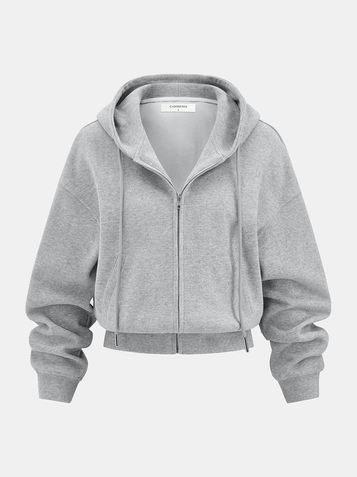 Front product shot of grey marl cropped zip-up hoodie with drawstring-free hood