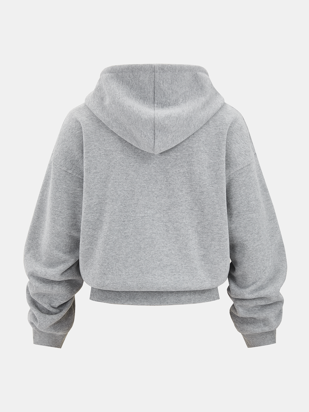 Back view of grey cotton blend cropped hoodie with ribbed hem and cuffs