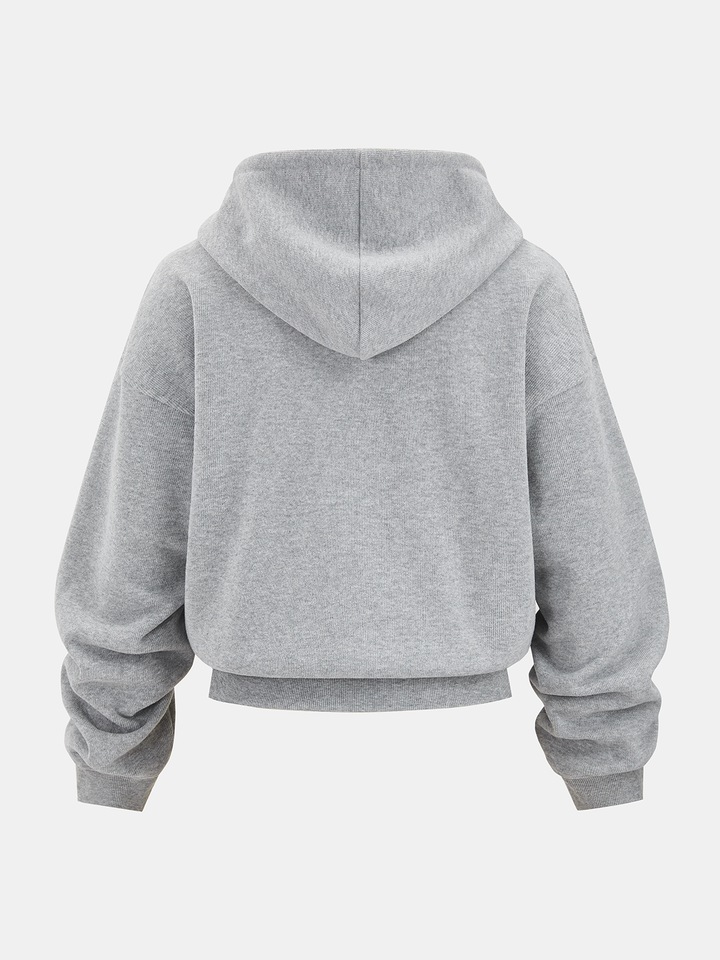 Back view of grey cotton blend cropped hoodie with ribbed hem and cuffs